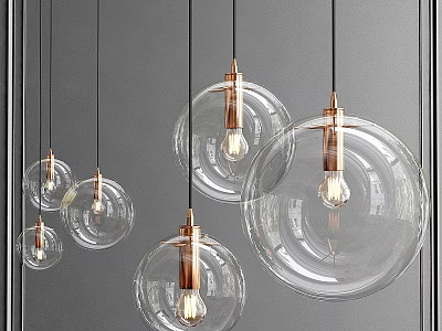 Multiple Modern Transparent Glass Pendant Lights With Copper Metal And Exposed Bulbs 3d model