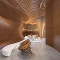 Modern Cafe Interior With Wavy Wooden Ceiling White Bar Counter Marble Floor And High Stools
