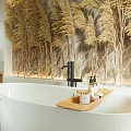Modern Bathroom With Artistic Wall Freestanding Bathtub Double Vanities And Smart Toilet