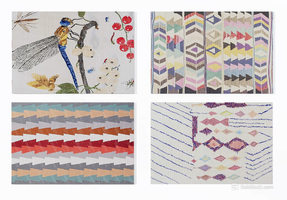 Square Rugs Featuring Diverse Patterns Including Floral Dragonfly and Geometric Chevron Designs 3d model