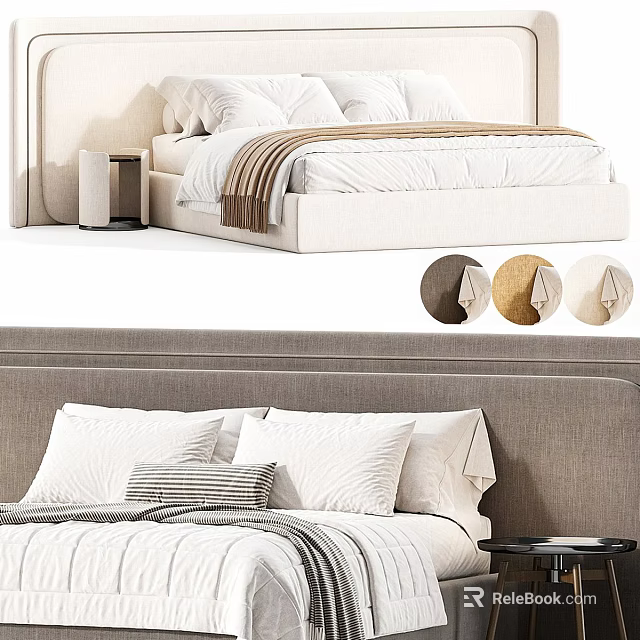 Double Bed With Modern Upholstered Headboard White Pillows Beige Blanket Brown Accent And Side Nightstand 3d model 