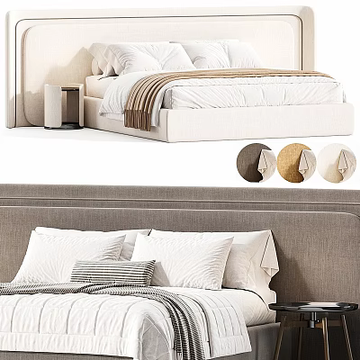 Double Bed With Modern Upholstered Headboard White Pillows Beige Blanket Brown Accent And Side Nightstand 3d model