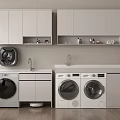 Modern Laundry Interior With White Cabinets Washing Machine Dryer And Sink