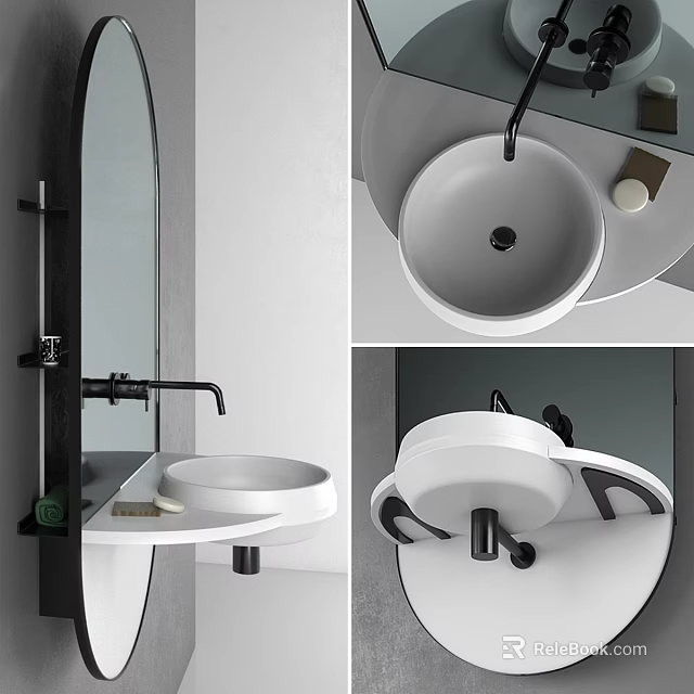 Modern Minimalist Wall Mounted Washbasin With Round White Basin And Black Faucet 3d model 