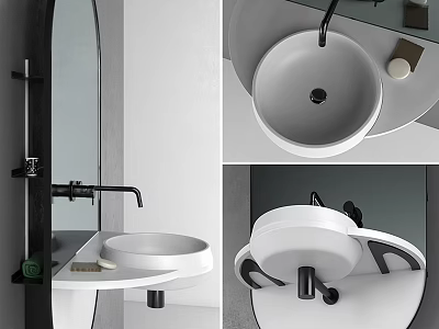 Modern Minimalist Wall Mounted Washbasin With Round White Basin And Black Faucet 3d model