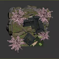 Cute Cartoon Scene With Japanese Houses Pink Cherry Trees Small Boat Red Torii Gate