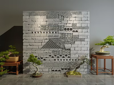 Traditional Style Gray Brick Background Wall With Hollowed Patterns And Bonsai Trees On Wooden Tables 3d model