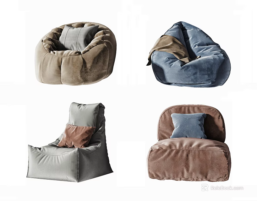 Different Colored Velvet Bean Bag Chairs With Comfortable Pillows For Home Decor 3d model 