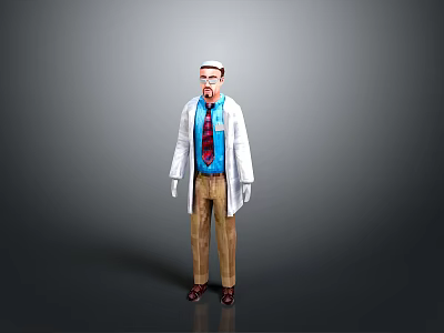 Man Wearing White Doctor Coat Blue Shirt Red Tie And Brown Pants On Gray Background 3d model