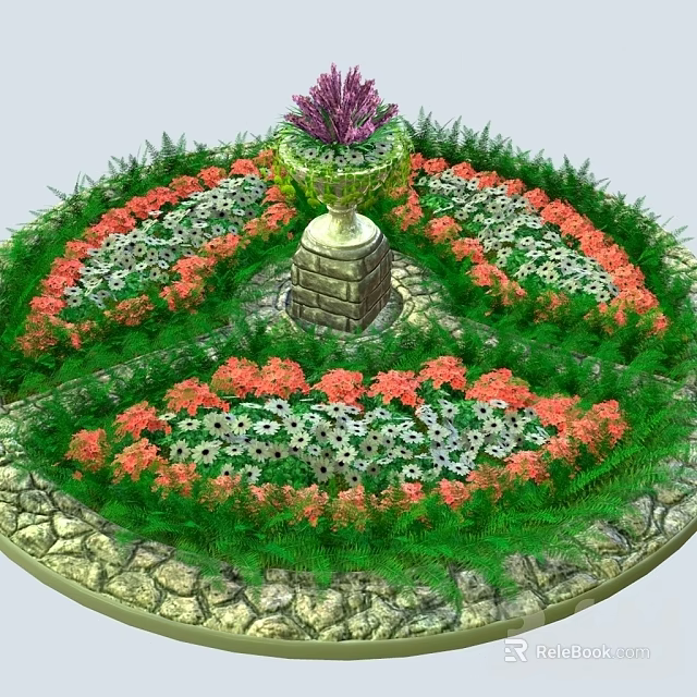 Roadside Circular Flower Bed Facility With Fountain Stone Pedestal Colorful Flowers And Green Plants 3d model 