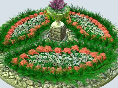 Roadside Circular Flower Bed Facility With Fountain Stone Pedestal Colorful Flowers And Green Plants 3d model
