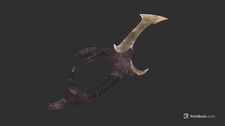 Ancient Handcrafted Weapon With Curved Blades And Rustic Metal Design 3d model