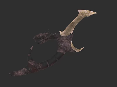 Ancient Handcrafted Weapon With Curved Blades And Rustic Metal Design 3d model