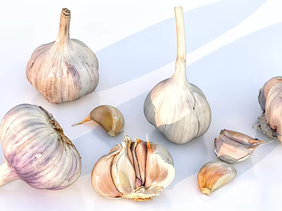 Fresh Whole Garlic Bulbs And Peeled Cloves With Purple Stripes On White Surface 3d model