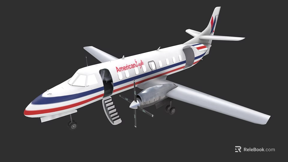 Americajet Passenger Aircraft With White Blue Red Stripes Open Boarding Stairs And Propeller Engine 3d model 
