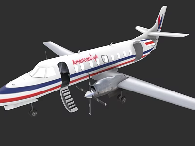 Americajet Passenger Aircraft With White Blue Red Stripes Open Boarding Stairs And Propeller Engine 3d model
