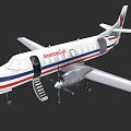 Americajet Passenger Aircraft With White Blue Red Stripes Open Boarding Stairs And Propeller Engine