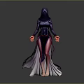 Hooded Woman Barefoot Wearing Dark Robe With Purple Pink Gradient And Outstretched Hands