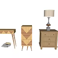 Modern Wooden Bedside Table With Geometric Patterns Drawers And Table Lamp