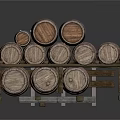 Vintage Stacked Wooden Barrels On Wooden Rack For Household Storage Use
