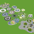Diverse Circular And Irregular Shaped Landscape Design Layouts With Green Areas Paths 3d model