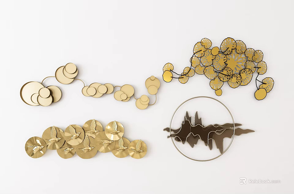 Modern Golden Circular and Branch Like Wall Decor with Mountain Pattern Design 3d model