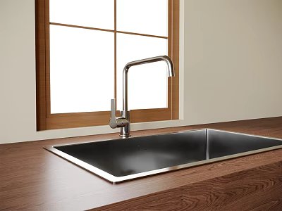 Stainless Steel Kitchen Sink With Modern Faucet On Wooden Countertop By Window 3d model