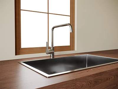 Stainless Steel Kitchen Sink With Modern Faucet On Wooden Countertop By Window 3d model
