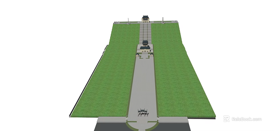 Ancient Architecture Site With Central Stone Path Flanked By Green Lawns And Entrance Structure 3d model 