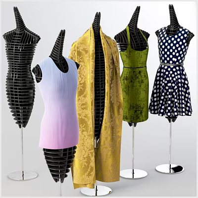 Mannequins In Gradient Pink Top Yellow Robe Green Dress And Blue White Polka Dot Dress 3d model