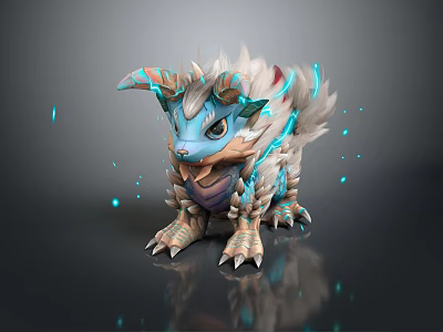 Cute Mythical Game Movie Character With Blue Eyes Horns White Blue Fur And Glowing Particles 3d model