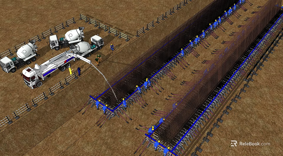 Road Infrastructure Construction Site With Workers Concrete Mixer And Steel Reinforcement 3d model 