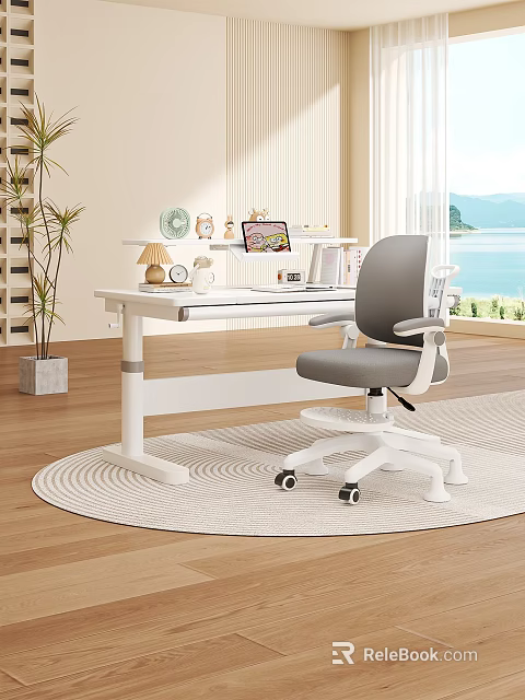 Modern Kids Study Desk With Adjustable Height Chair Laptop Books And Green Plant 3d model 