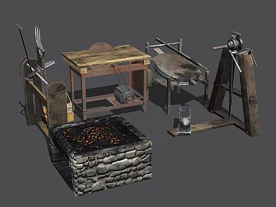 Multi functional Workbench With Wooden Top Stone Stove Anvil And Blacksmith Tools 3d model