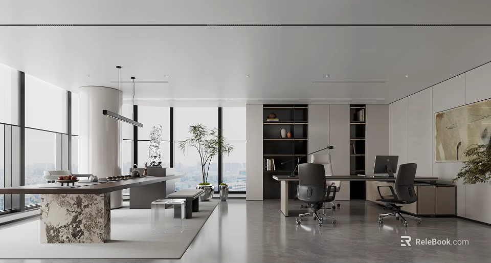 Modern Office Interior With Open Layout Large Windows Desks Chairs Bookshelves And Green Plants 3d model 