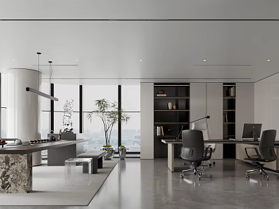 Modern Office Interior With Open Layout Large Windows Desks Chairs Bookshelves And Green Plants 3d model