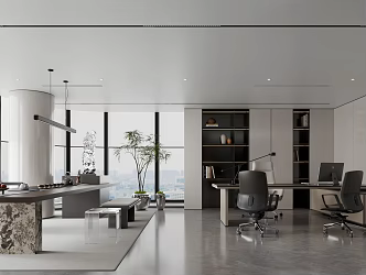 Modern Manager's Office Desk Leather Office Chair Tea Table and Chair Plant Potted Chandelier Bookcase 3d model