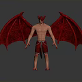 Red Winged Bat With Horns And Muscular Body Standing On Dark Surface