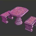 Outdoor Stools With Colorful Mosaic Tile Tops Stone Carved Bases And Matching Table