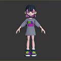 3D Game Character With Blue Black Hair Purple Eyes Gray LA Dress And Colorful Sneakers