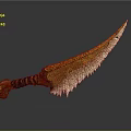Unique Curved Blade Weapon With Feathered Serrated Edge And Brown Textured Bone Handle