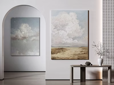 Two Landscape Paintings Cloud Sky Grassland In Modern Interior Arched Doorway Wooden Table Vase 3d model
