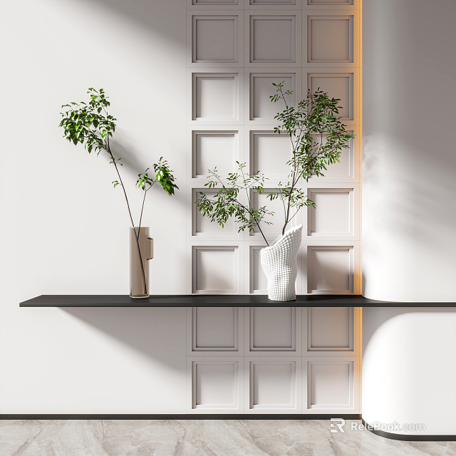 Decorative Vases With Green Leafy Flowers On Black Shelf Against White Paneled Wall 3d model 