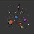 Modern Space Themed Scene Featuring Blue Planet Colorful Small Planets Red Toy Plane Yellow Stardust