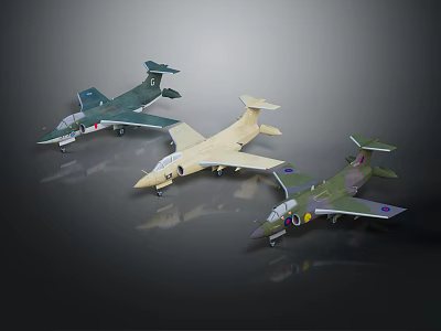 Three Different Colored Military Fighter Aircraft Models Displayed On Dark Background 3d model