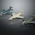 Three Different Colored Military Fighter Aircraft Models Displayed On Dark Background
