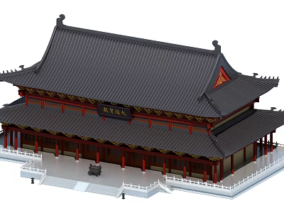 Ancient Chinese Architecture With Traditional Tiled Roof Overhanging Eaves And Red Pillars 3d model