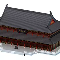 Ancient Chinese Architecture With Traditional Tiled Roof Overhanging Eaves And Red Pillars