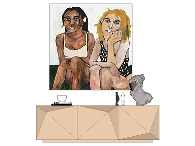 Portrait Painting of Two Women Sitting on Grass with Console Table and Koala Figurine Decor 3d model