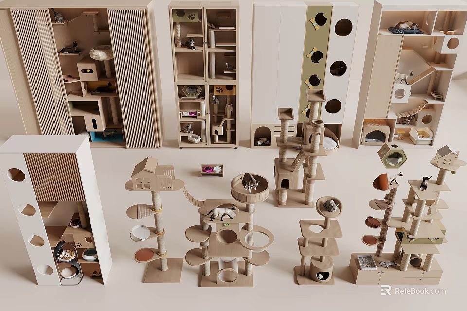 Various Multi Level Cat Trees With Wooden Platforms And Play Areas For Kittens 3d model